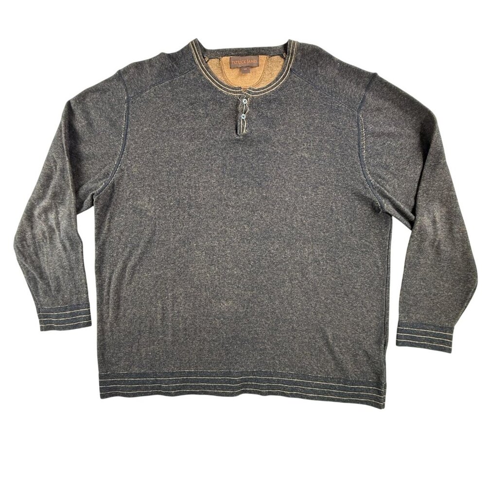Patrick James Sweater Mens 2XL Brown Henley Crewneck Knit Pullover Cotton Casual
